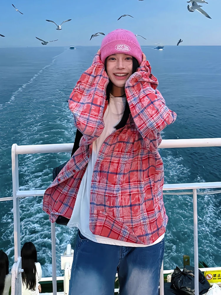 

Розовый Tie Dye Plaid Long Sve irt ex American Retro Sle Beach Photo Готовый наряд для пары Пальто Молодежное повседневное модное пальто