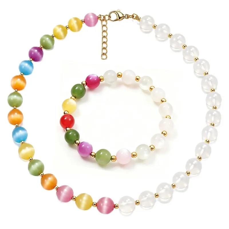 New Light Activated Color Changing Beaded Bracelet Dopamine Resin Gold Stainless Steel Necklace Niche Aesthetic Jewelry Set Gift