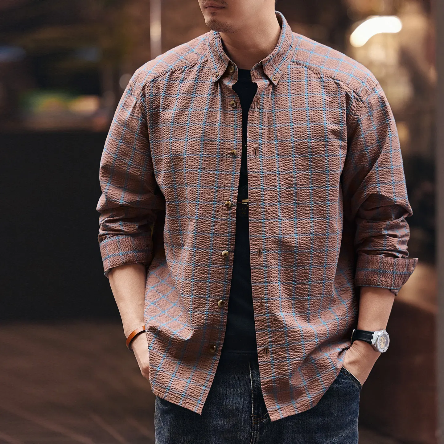 

Модная мужская рубашка нового стиля - Американская ретро-рубашка с длинным рукавом в клетку из ткани Bubble Weave - Свободная повседневная рубашка из чистого хлопка