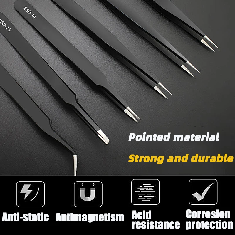 ESD Anti-Static Stainless Steel Tweezers Precision Maintenance Industrial Electronic Repair Tool Home Model Making Hand Tools