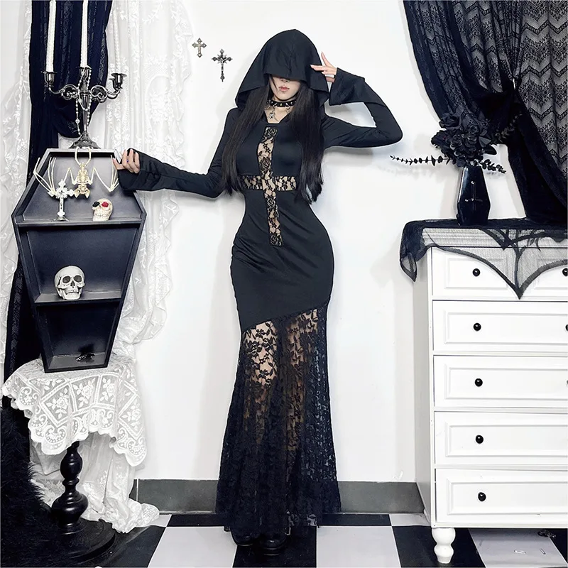 ONE TO WAN Goth Dark Elegant Damen Kapuzenkleid Mall Gothic Kreuz Ausgeschnittene Spitze Gespleißtes Party Acubi Sexy Bodycon Kleider Slim – Detail 4