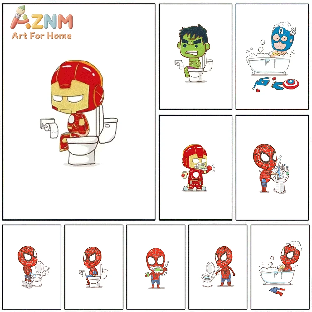 AZNM Funny Daily‑Life Marvel Superhero Frameless Canvas Wall‑Art Print Spider‑Man Captain‑America Hulk Iron‑Man Thor Humor Com