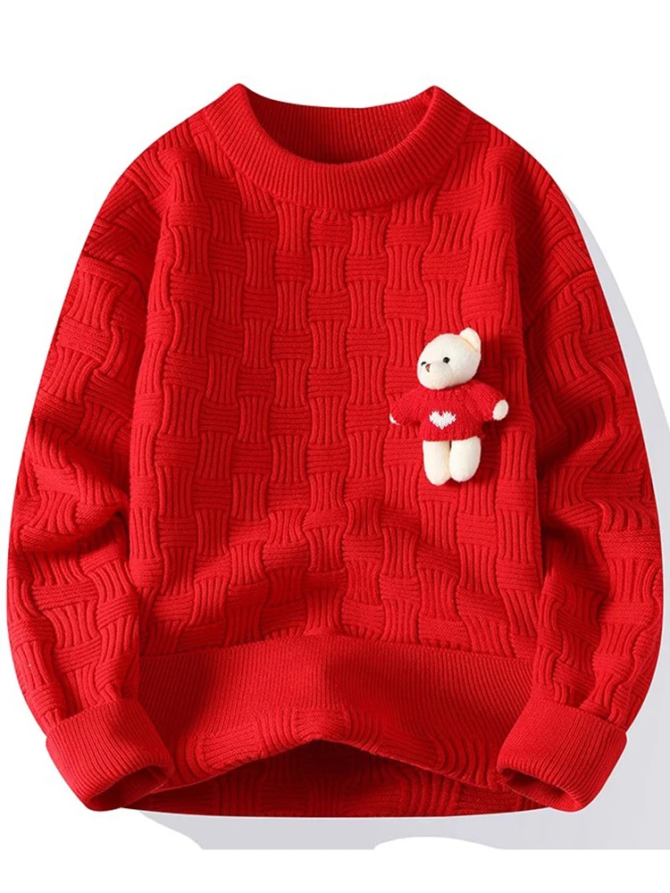 

Мужской вязаный свитер с круглым вырезом, зимний, утепленный, свободный, с мультяшным принтом, шерстяной трикотаж, повседневный, модный, в городском стиле, с длинным рукавом