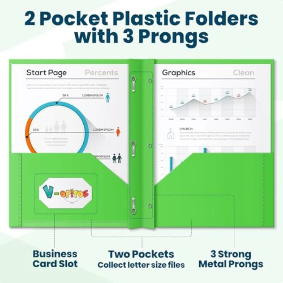 48 عبوة من مجلدات الجيب مع 3 شوكات من البلاستيك السائبة مع جيب أمامي شفاف في 6 ألوان مجلد ملفات شديد التحمل مع Fas