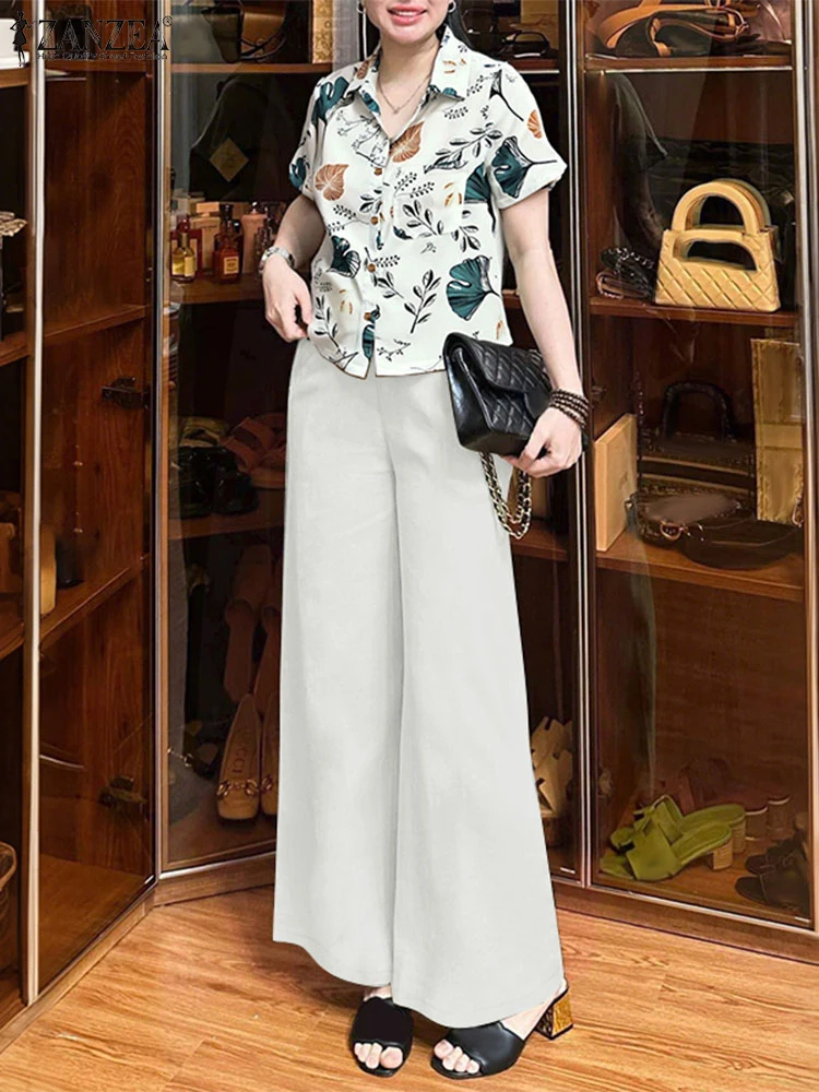 

2025 ZANZEA Fashion Summer Pant Sets Short Sleeve Printed Shirts Trousers Suit 2PCS Women Work Matching Sets Office OL Tracksuit