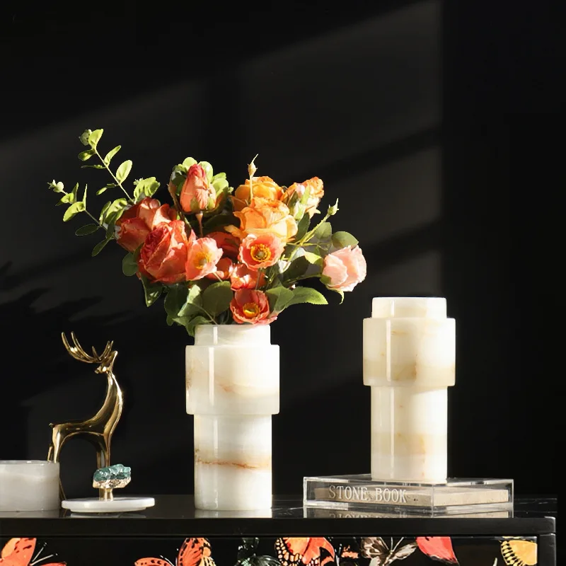 Medieval style natural jade stone vase wabi sandy wind model house flower arrangement home dining table light luxury ornament