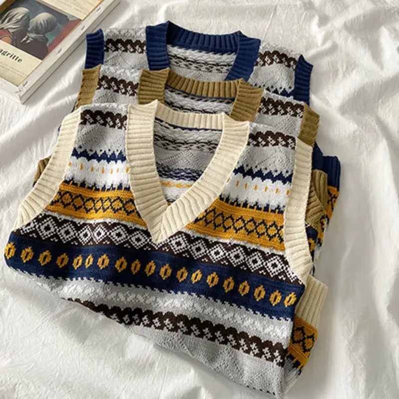 Spring Autumn Loose Casual V-neck Patchwork Sweater Vest Women Sleeveless All-match Knitting Pullover Female Vintage Jumper Top