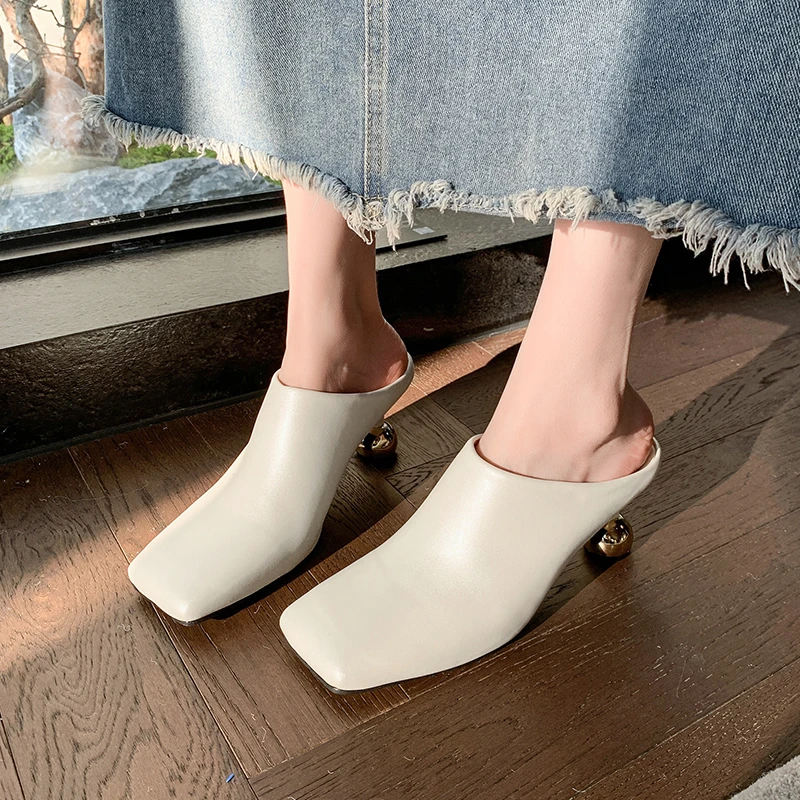 Square Head Sexy Ladies Slippers First Layer Cowhide Women's Sandals 2025 New Summer Designer Trend Dress Mule High Heels Women