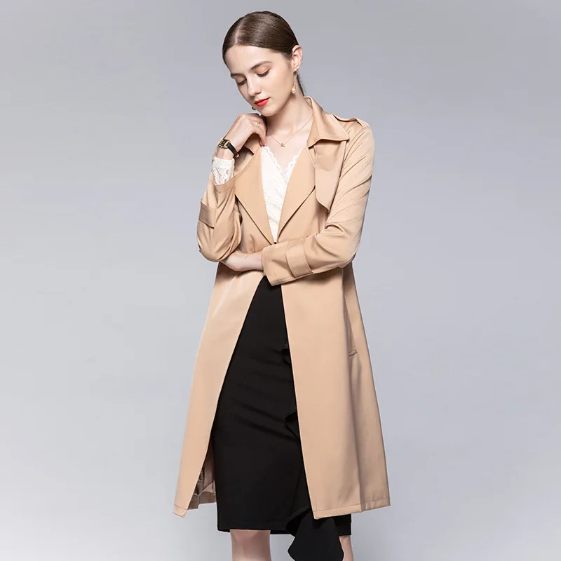 

Autumn and winter new women's wear mid-length temperament windbreaker light mature large lapel solid color belted trench