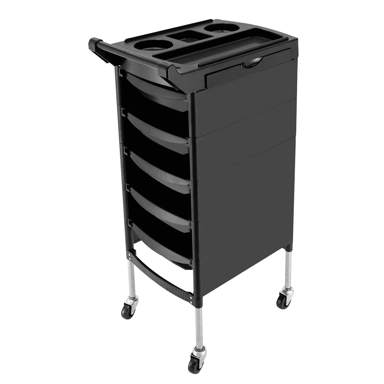 Salon Trolley, with Handle and Rolling Wheels, 5 Drawers and 2 Hair Dryer Holder Side Tray, Black