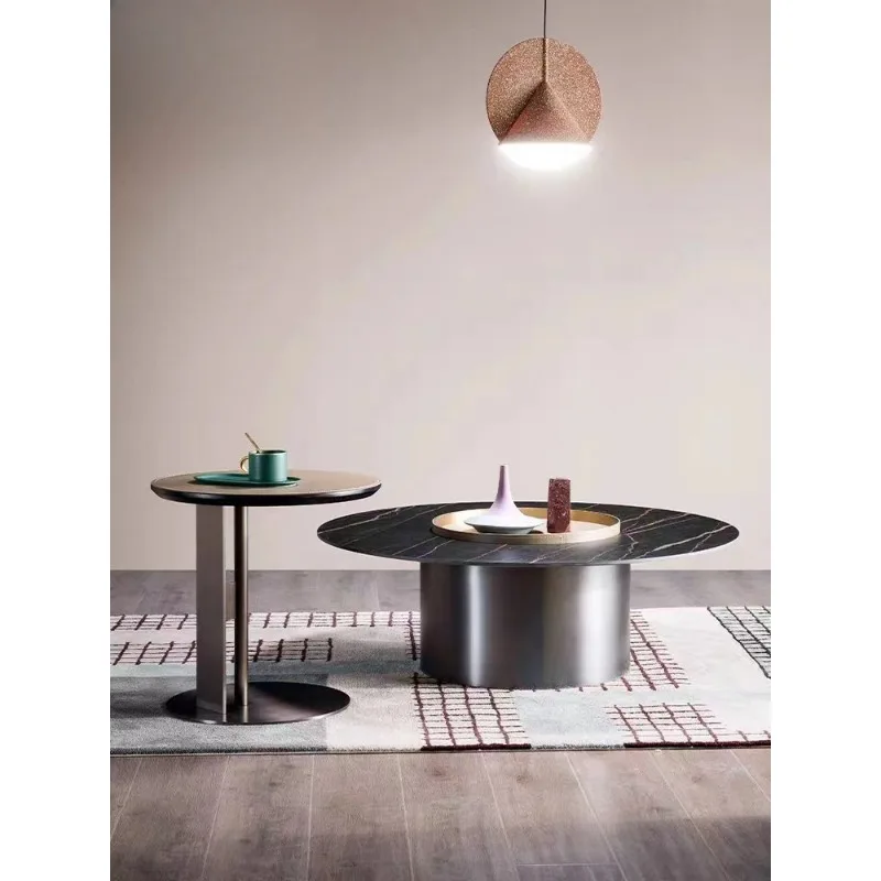 Italian minimalist saddle leather round luxury stone natural marble coffee table
