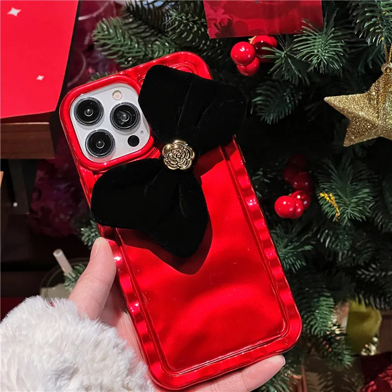 

Fashion Luxury Red Water Ripple Black Bowknot Mobile Phone Case For IPhone12 13 13ProMax 14 14Pro 14ProMax 15 15Pro 15ProMax