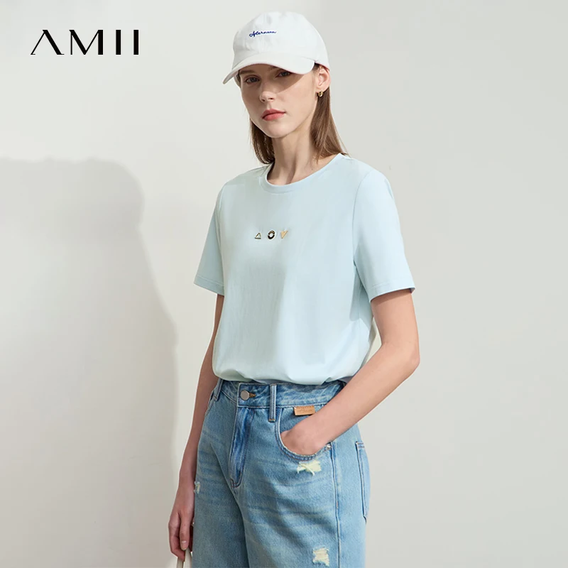 Amii Minimalist T-shirt Women's Tops O-neck Short Sleeves Geometric Decoration Antibacterial Cotton Elastic Casual Tees 12521088