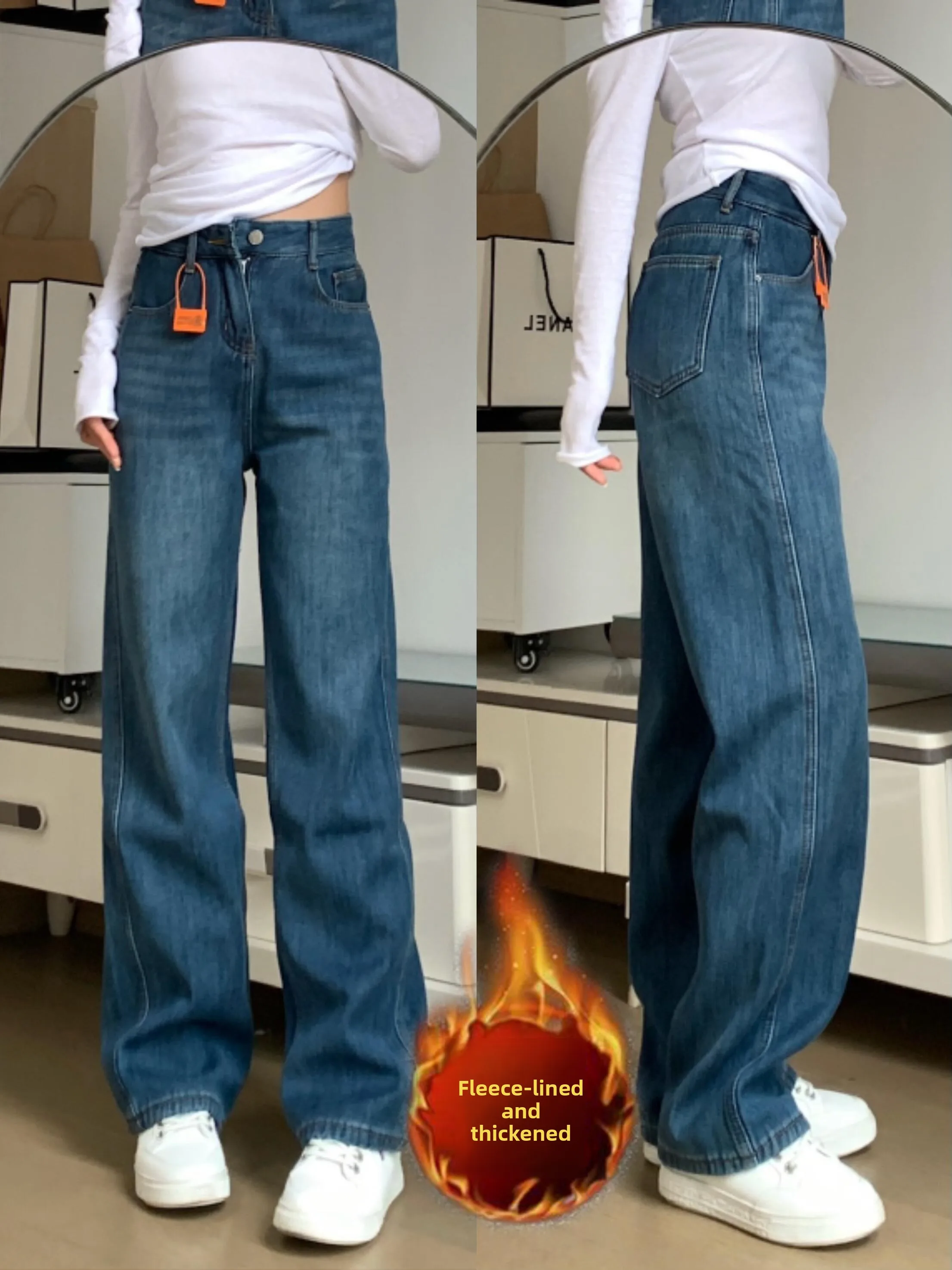 

Женские джинсы прямого кроя на флисовой подкладке, зимние, новый стиль, винтажные, синие, для повседневной носки, с высокой талией, маленький размер, с интегрированным вельветом