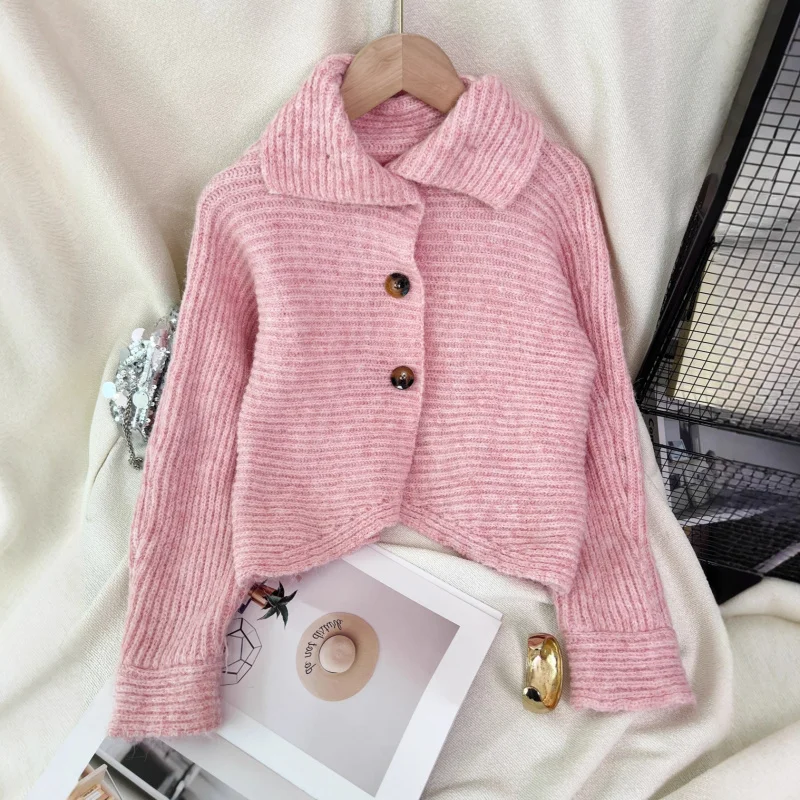 

Сплошной цвет свитер в европейском и американском стиле с отложным воротником, модный вязаный кардиган