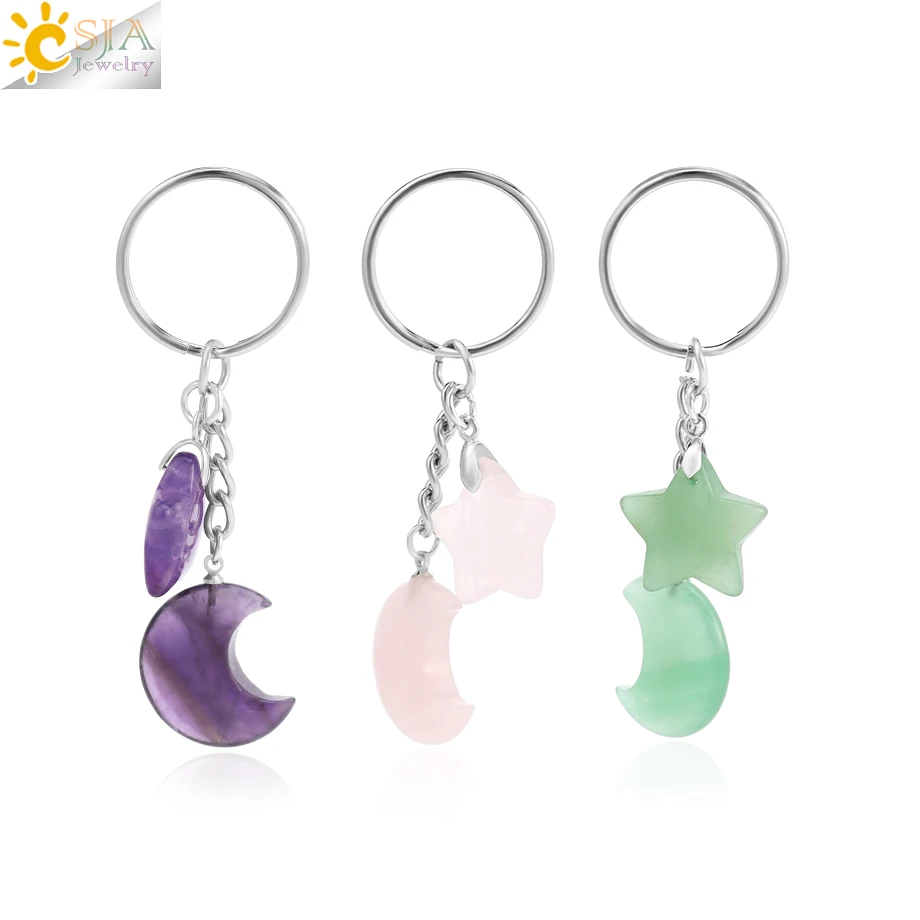 CSJA Healing Natural Stone Keychain Trendy Moon Star Charm Bead Pendant Silver Color Holder Key Ring Car Key Ring Bag Decor H368