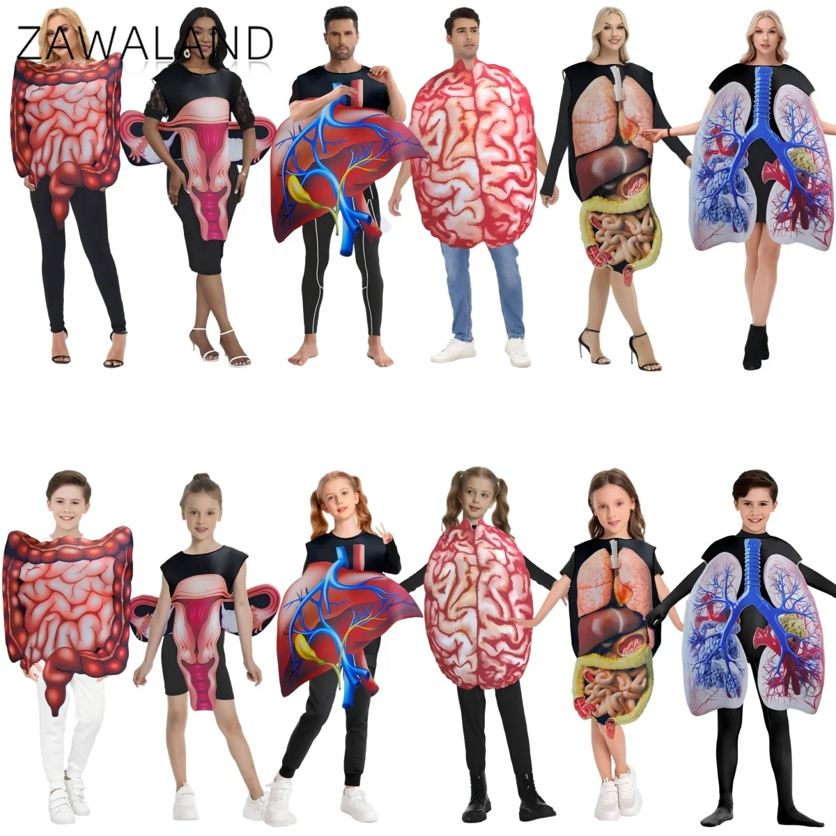 

Human Organ Cosplay Costume Parent-Child Heart Brain Lung Print Teaching Clothes Halloween Party Performance Set Disguise Outfit