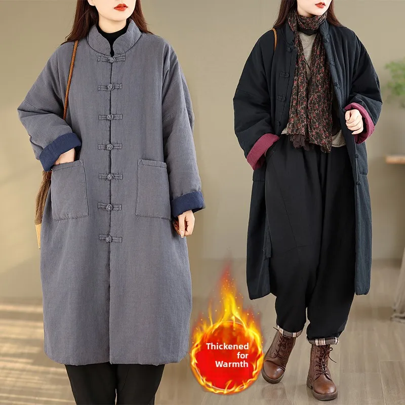 

Thiened Cotton Jaet Winter Outerwear Chinese Sle Pure Color Mid-Length Women's Buddhist Zen Cotton Coat Commute Loose Fit