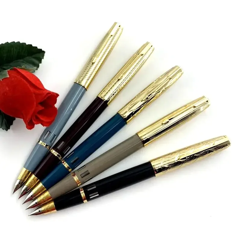 WingSung 601A Vintage Vacuum Piston Fountain Pen with Double Blue Stone Gold Carved Cap and F 0.5mm Iridium Nib Pens for Writing
