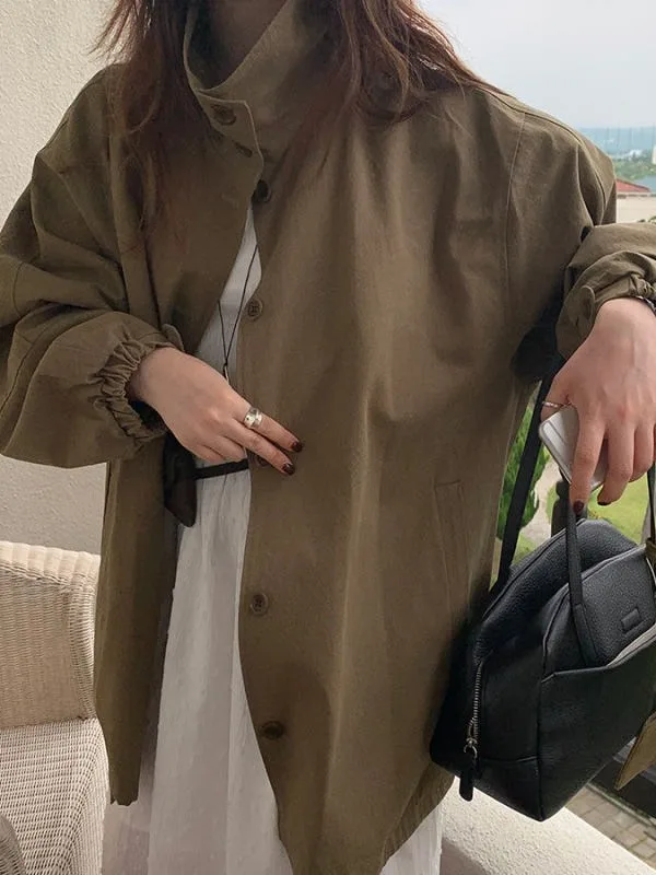 

Корейская свободная женская ветровка, пальто с воротником-стойкой на пуговицах, элитная модная верхняя одежда, осенняя сезонная одежда