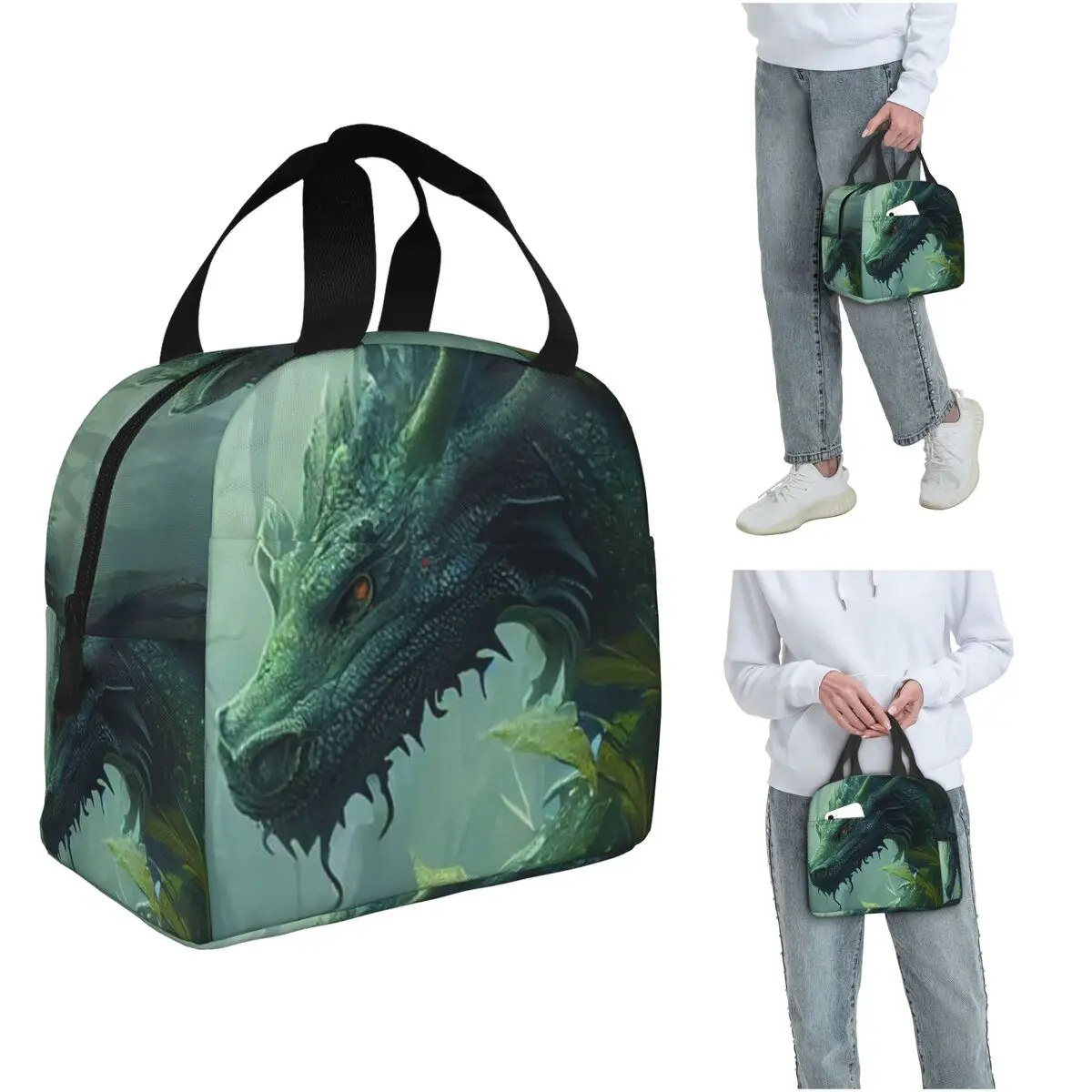 Green Dragon In The Forest Insulated Lunch Bag for Women Children Leakproof Food Boxes Thermal Lunch Box Tote