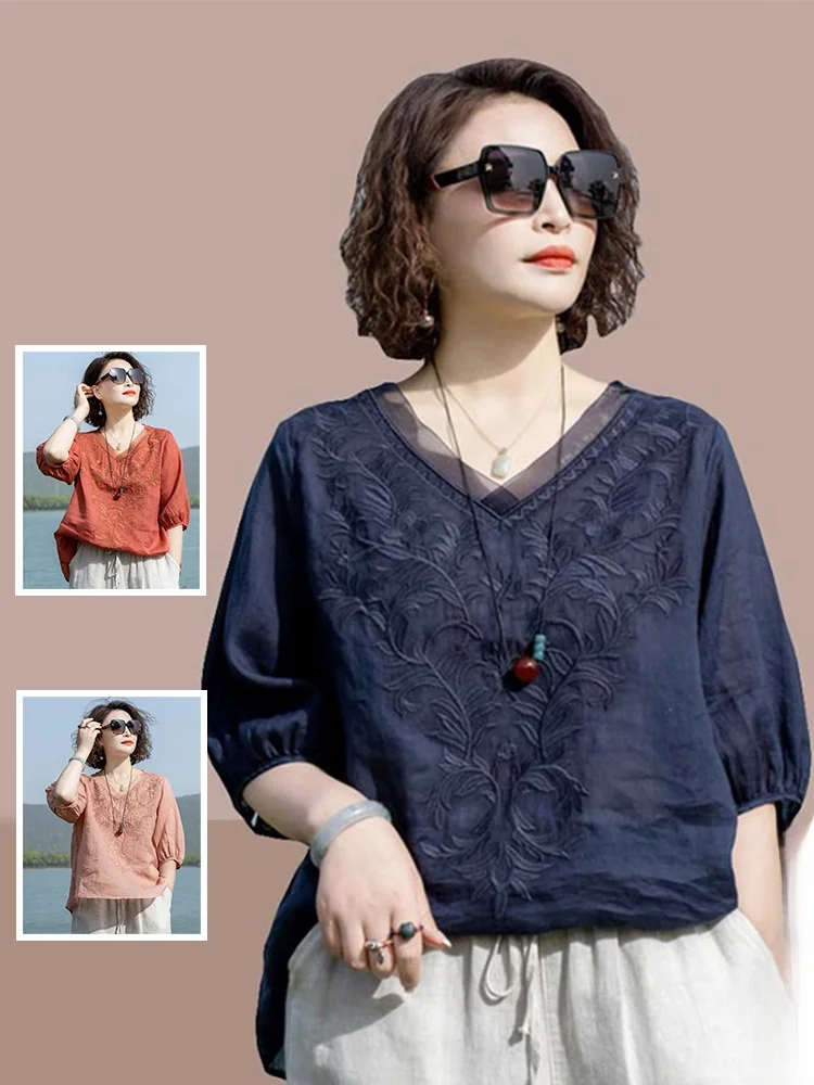 

Хлопково-льняной топ с вышивкой в стиле ретро f Sve irt, летний женский повседневный топ больших размеров с v-образным вырезом для похудения