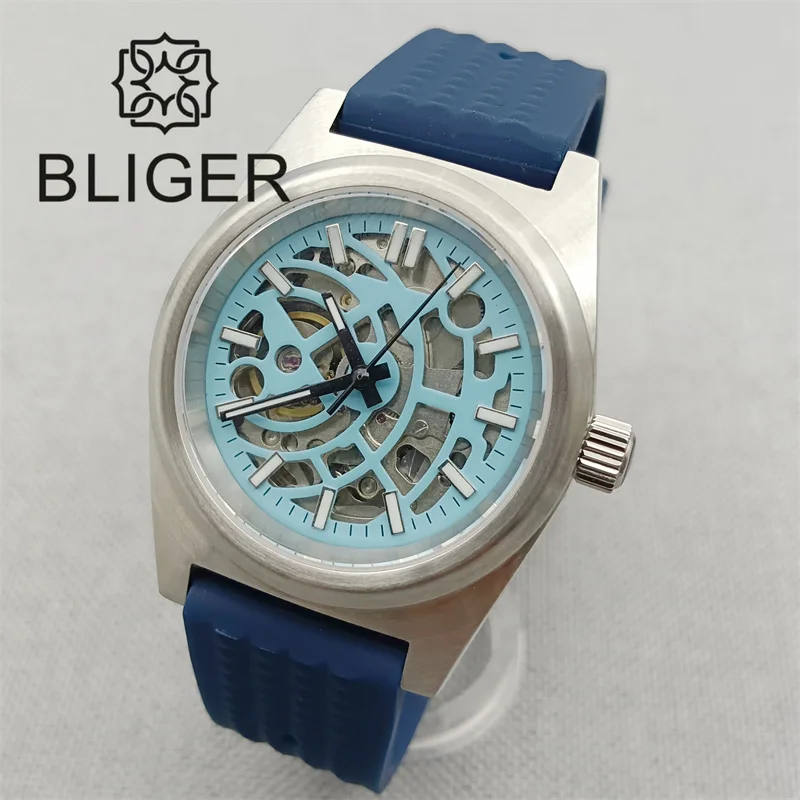 Imagem -04 - Bliger-relógio de Movimento Mecânico Masculino Esqueleto Nh70 Vidro Safira Mostrador Preto Branco Azul Cinta de Borracha Luminosa Verde 38 mm