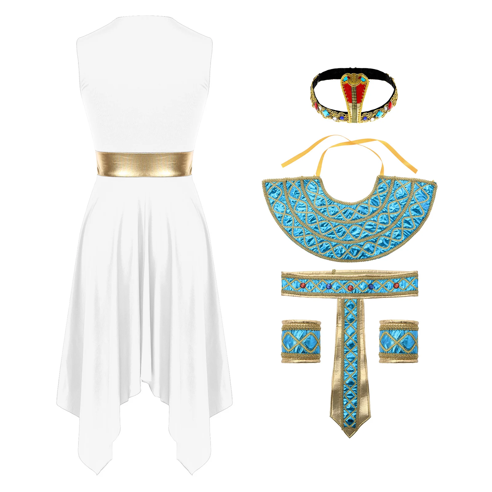 Women Egyptian Cleopatra Cosplay Costume Set Asymmetric Hem Dress with Collar Belt Wristbands Headwear for Halloween Performance