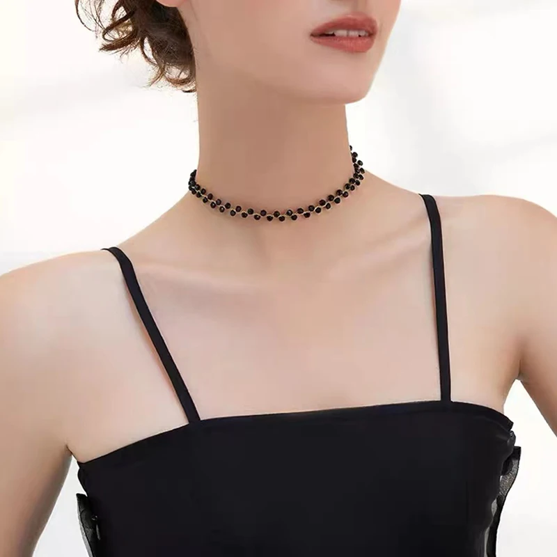 2022 Korea New Design Fashion Jewelry Black Crystal Braided Short Necklace Sexy Women Clavicle Necklace Accessories