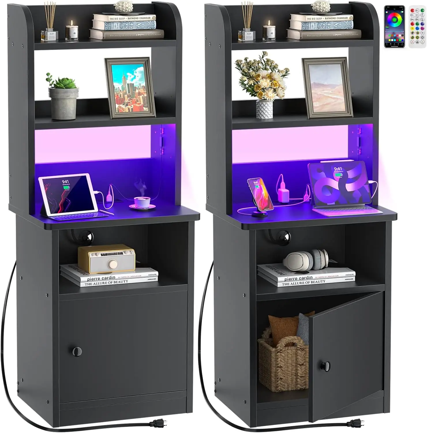 Black Nightstands Set of 2 with Charging Station & LED Lights - 47