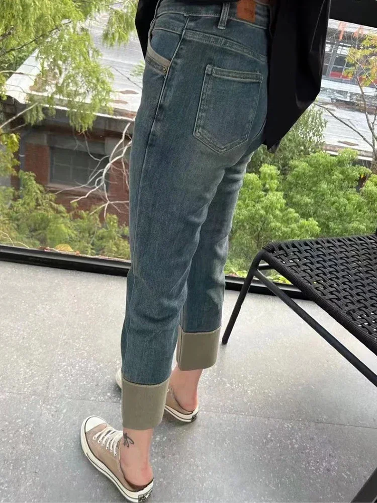 Y2k Large Size Straight Tube Rolled Jeans For Women 2023 New Spring And Autumn High-waisted Fat Mm Slim Nine-minute Smoke Pipe