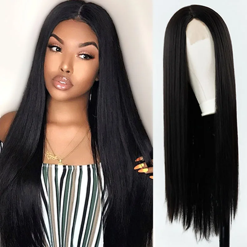 Long Straight Synthetic Lace Front Wig for Women Black High Temperature for Daily Use Hair Hot Sell Wholesale Wigs