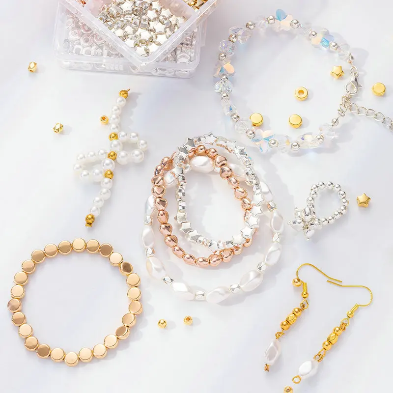 4 Colors CCB Spacer Beads Kit 6 Styles Assorted Round Star Gold Beads for DIY Bracelet Necklace Jewelry Making Craft