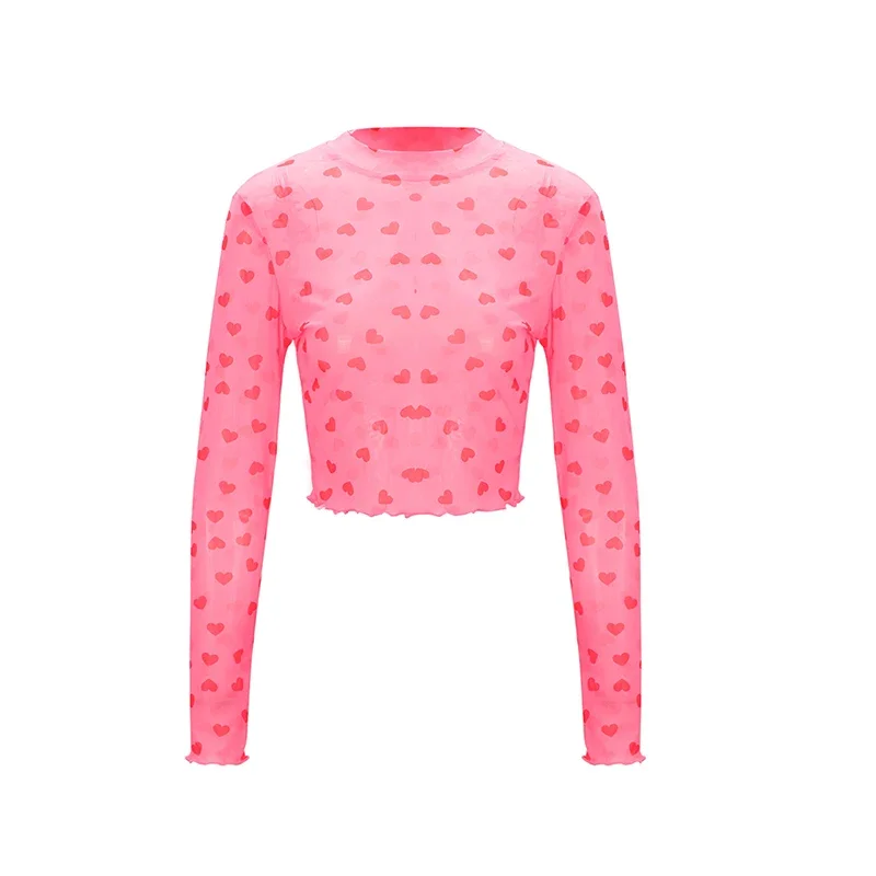 Nice Summer New Women's T-shirt Streetwear Fashion Long Sleeves O-Neck Love Print Tees Sexy Pink Sweet Lady Personality Versatil