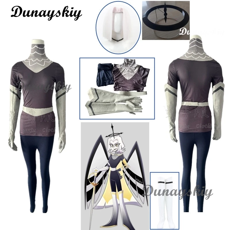 

Hazbin Lute Wig Angel Lute Cosplay Costume Hotel Fight Boots Lute Halo Women Halloween Carnaval Fancy Party Silver Color Cosplay