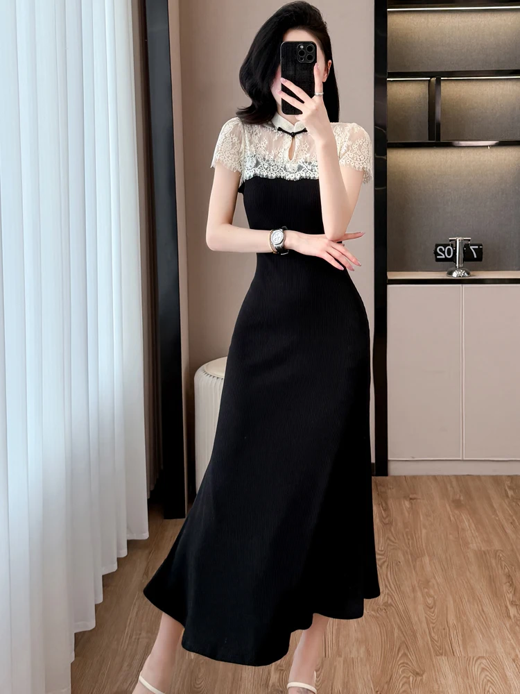 Femmes coréennes Vintage Hepburn Festival longue robe été noir Patchwork blanc dentelle robe transparente 2025 élégant moulante robe de nuit