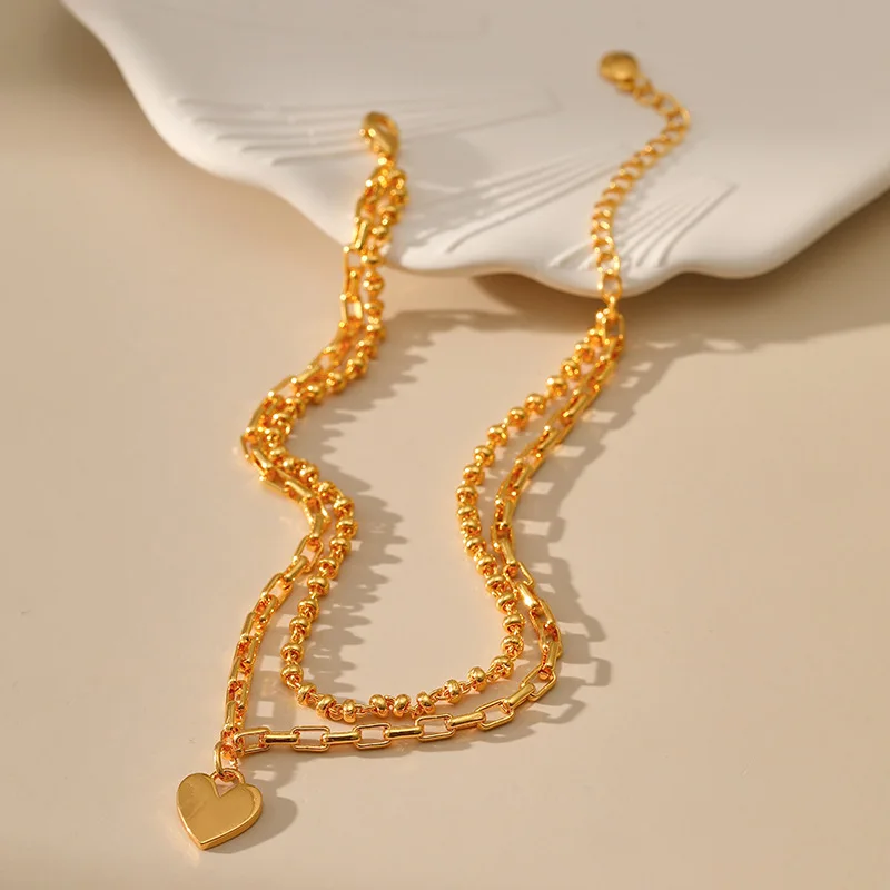 Copper Plated 18K Gold Korean Version Of The Love Pendant Anklet Double Ordinary Chain Design Ins Wind Versatile Simple Women