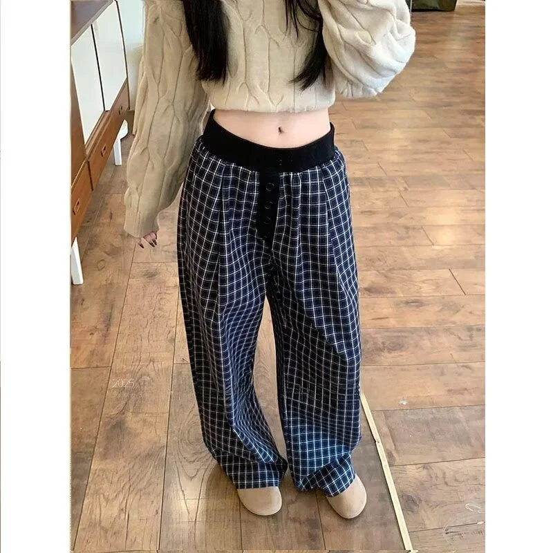 American Style Plaid Casual Pants Men Women High Waist Wide Leg Loose Drawstring Floor Length Trousers Youthful Energy