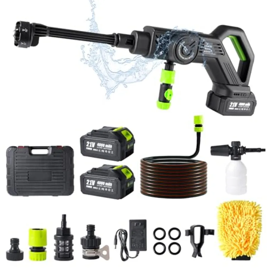 

Аккумуляторная портативная мойка высокого давления 8.0Ач 1100PSI, 300Вт, мощный бесщеточный двигатель, 2 аккумулятора высокой плотности, 3 уровня давления, 6-в-1