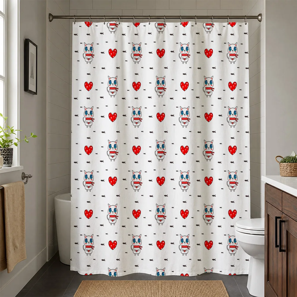 Waterproof Blue Bird Heart Pattern Shower Curtain Liner Adorable Cute Cartoon Animal Print Novelty Bath Room Decor for Modern Ba
