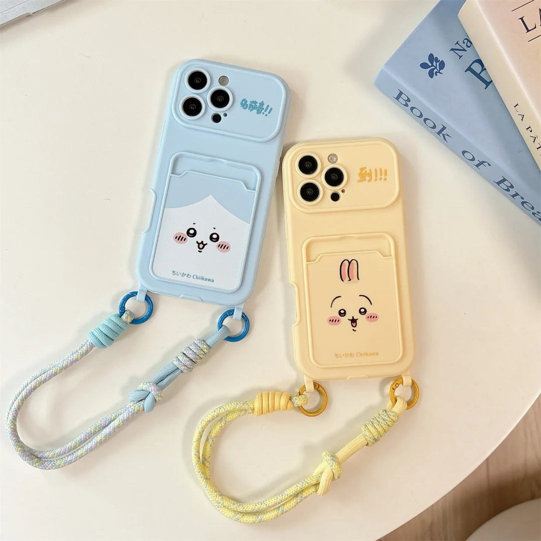 

Kawaii Cute C-Chiikawa Usagi Phone Card wallet pocket soft Case For iPhone 16 15 14 Pro Max Cover with lanyard Cases for Girls