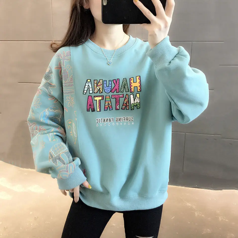 

Loose Korean Printed Spliced Sweatshirts for Female Autumn Winter Thick Casual All-match Long Sleeve Pullovers Women's Clothing