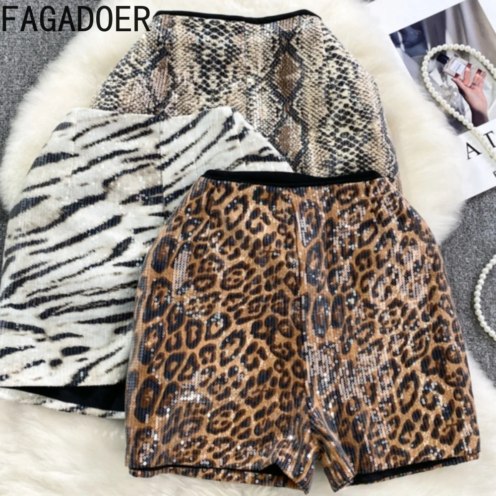 

FAGADOER INS Trendy Leopard Sequins Shorts Women Zebra Snake Print High Waist Slim Sexy Girls Shorts Streetwear Bottoms 2025