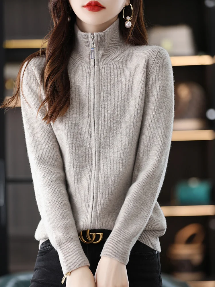 Autumn Winter Solid Color Knitwear Cashmere Cardigan Women 100% Merino Wool Sweater Female Thick Warm Zipper Classic Clothing