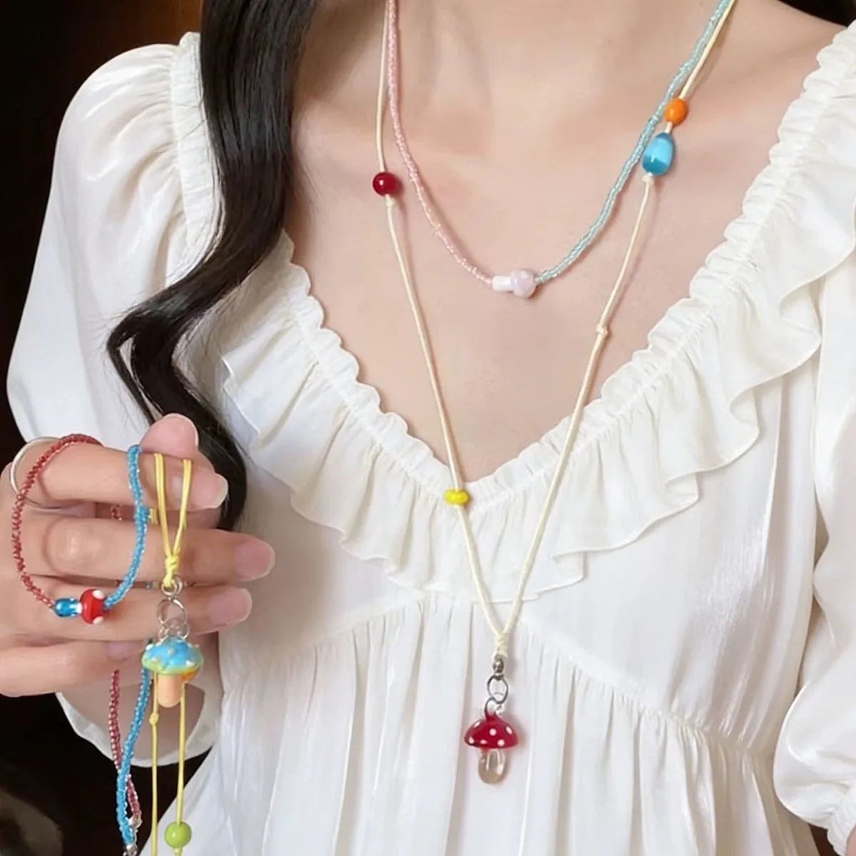 Summer Sweet Dopamine Mushroom Pull Through Wax Cord Necklace FashionableY Shaped Korean Style Long Necklace Versatile Accessory
