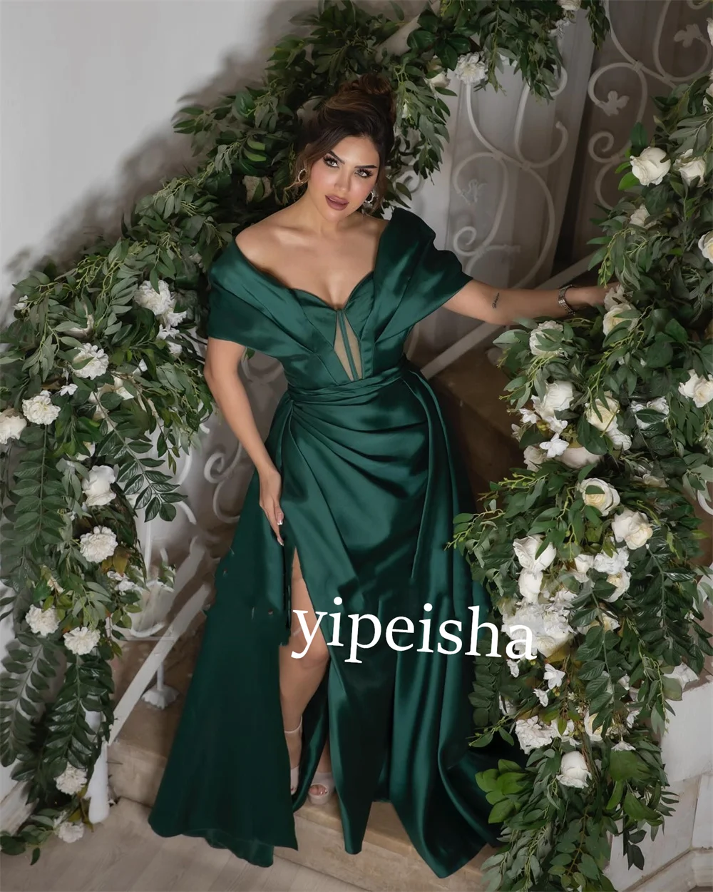 Satin Draped Pleat Valentine's Day Ball Gown Off-the-shoulder Bespoke Occasion  Long Dresses