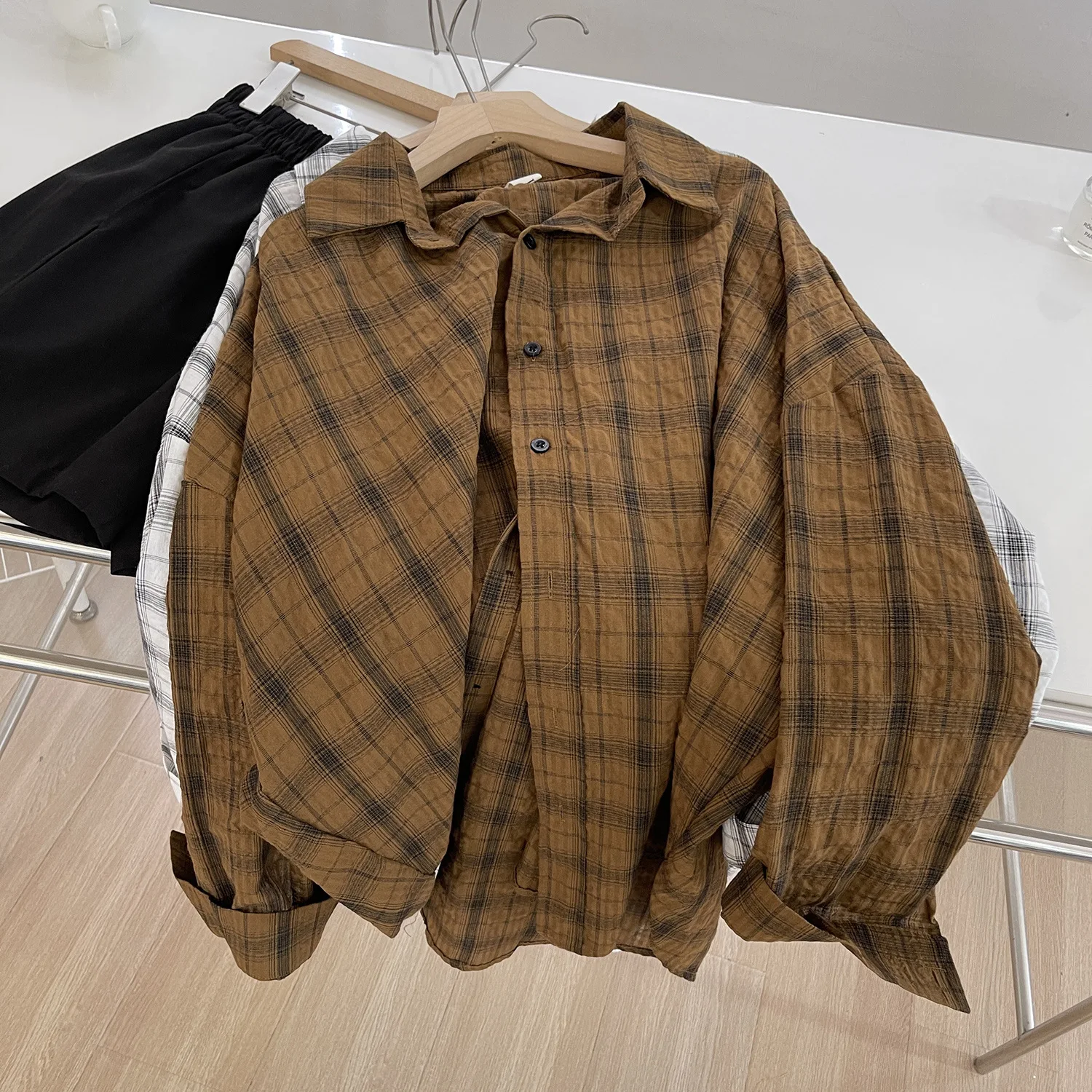 SuperAen Retro Plaid Cotton and Linen Shirts for Women 2026 Summer New Korean Style Loose Casual Sun-protective Shirts