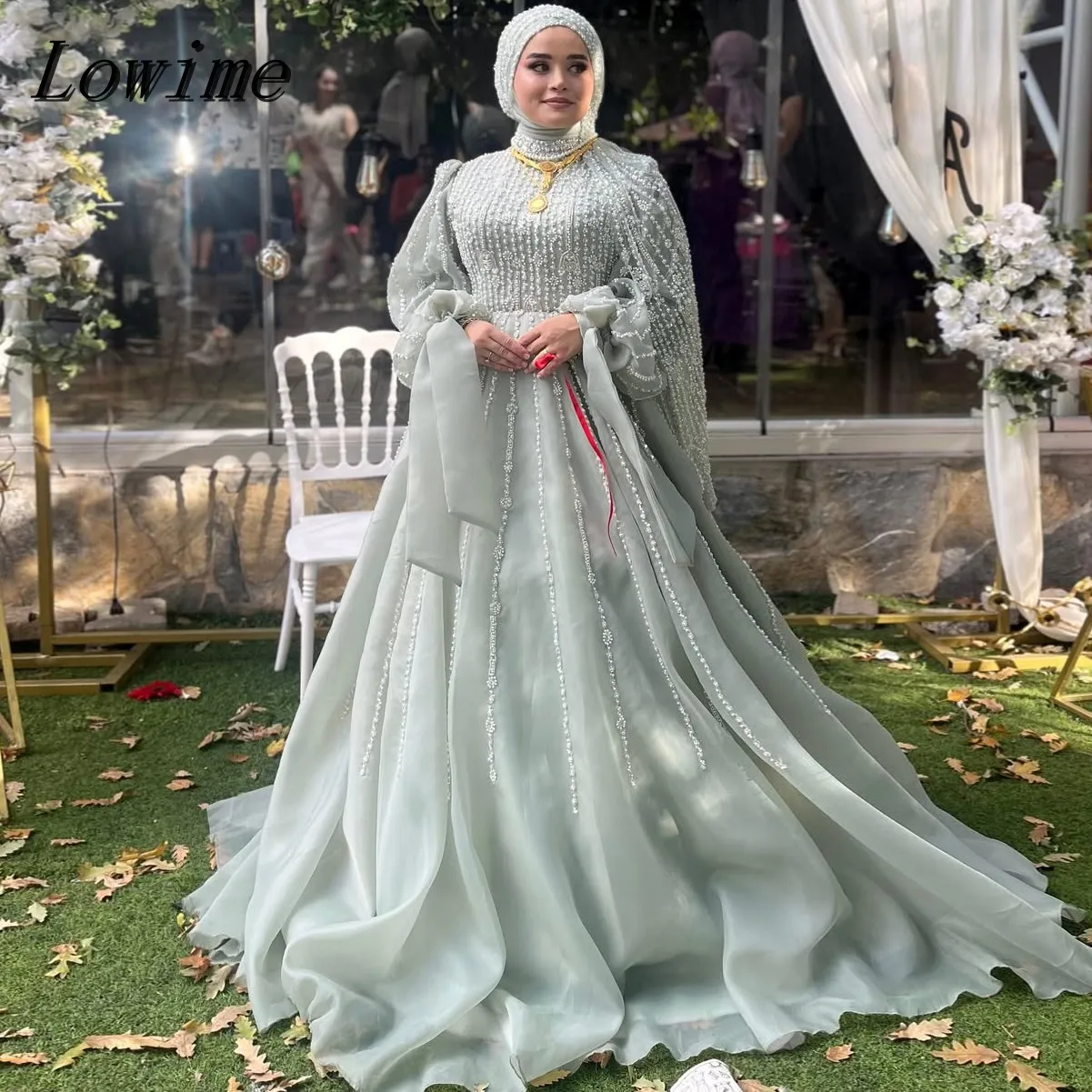 

Luxury Muslim Organza High Neck Prom Party Dress Customized Elegant Full Beading Long Puff Sleeves Evening Gowns