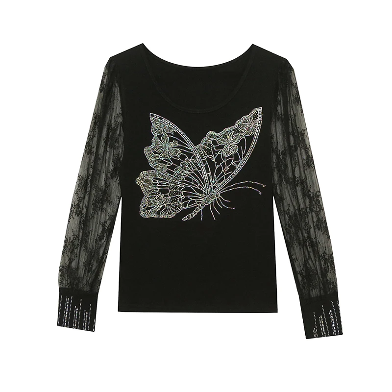 2024 Autumn New European Butterfly Hot Diamond Slimming Bottom Shirt Lace Long Sleeve Vintage Women\'s T-Shirt