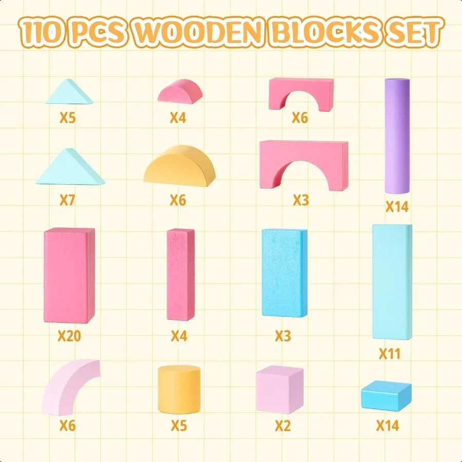 VigorFun 110 PCS 나무 빌딩 블록 세트 건설 스태킹 장난감 보관 가방 Montori 유치원 장난감 유아 Birt